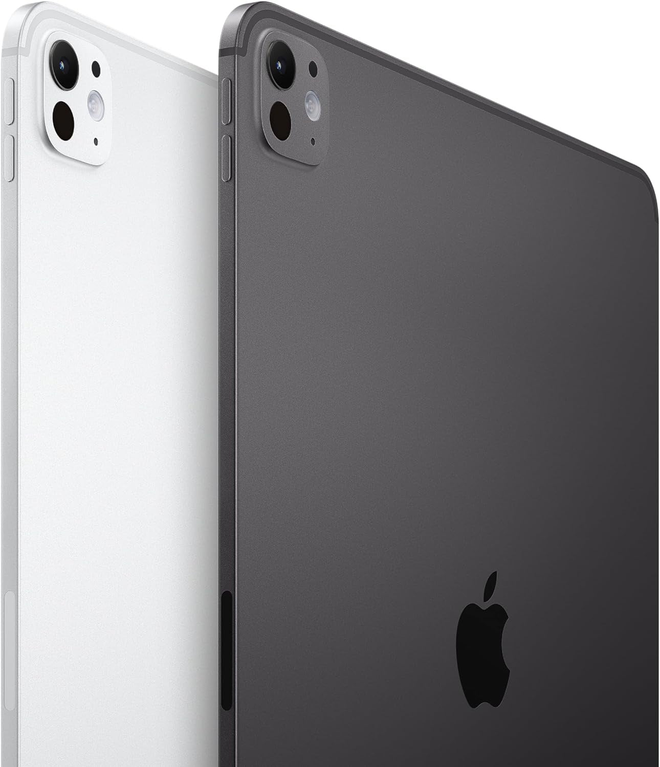 11-inch iPad Pro with OLED Nano Texture Glass in silver on the back and black on the front, showing the screen and camera.